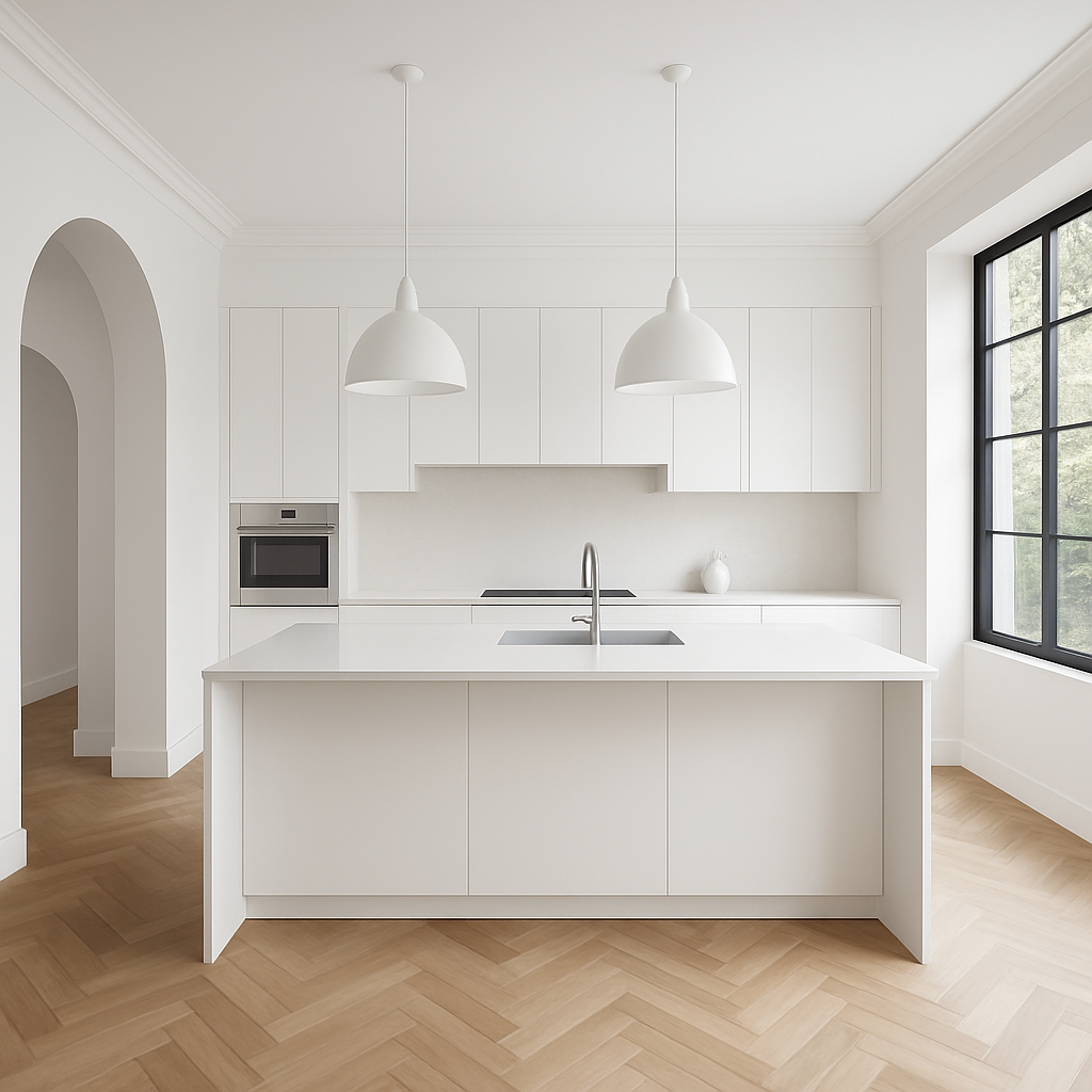 Bright modern white kitchen interior with island